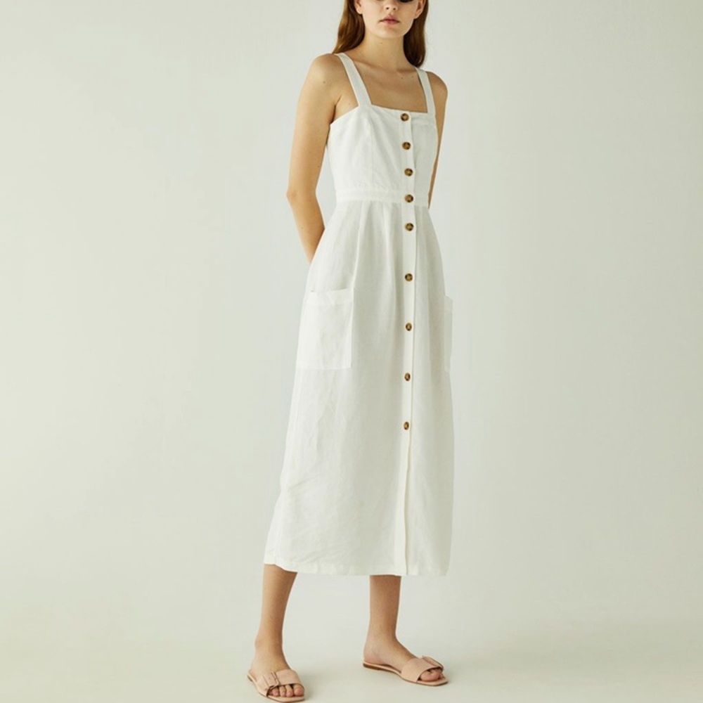 Bershka white linen midi dress with pockets